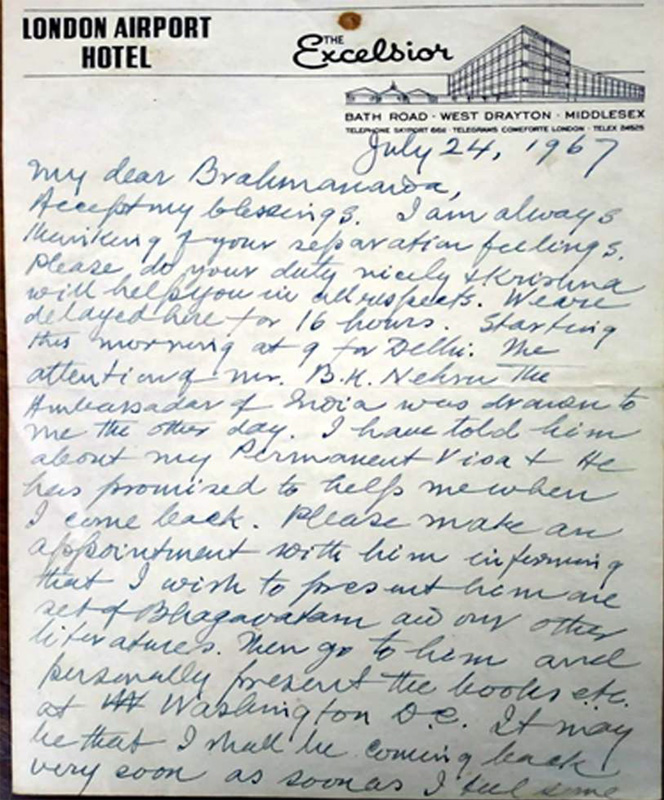 Original Handwritten Letter written by Śrīla A. C. 
					Bhaktivedānta Svāmī Prabhupāda